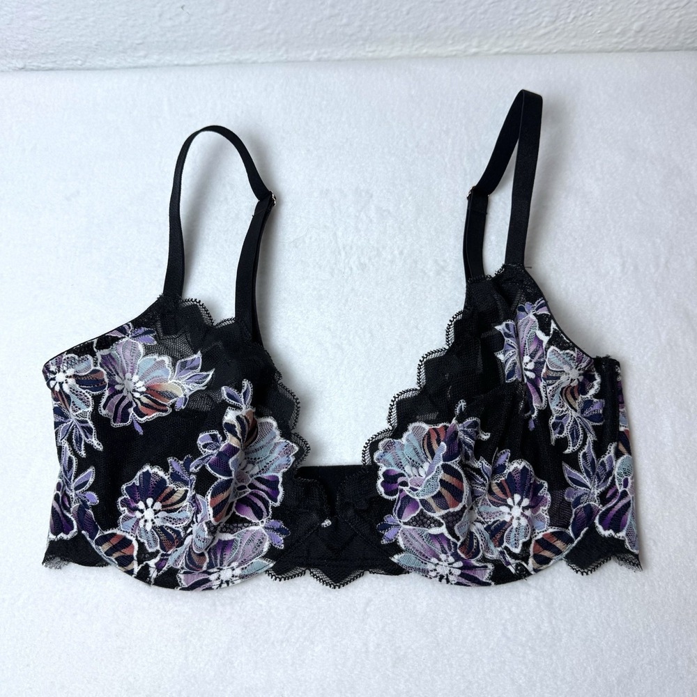 Savage X Fenty Zig Zag Zen Unlined Lace Plunge Bra Floral Purple  Size 32DDD